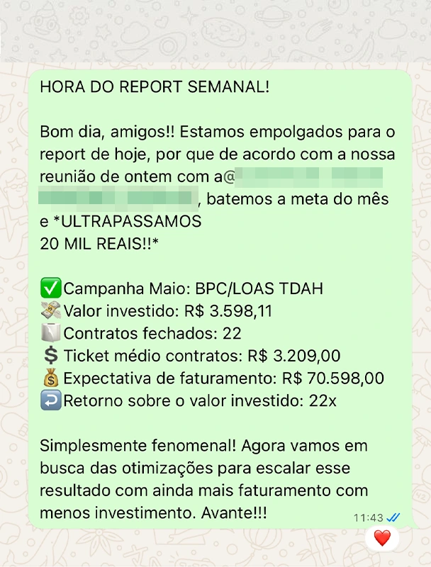 Mensagem de cliente sobre contratos fechados