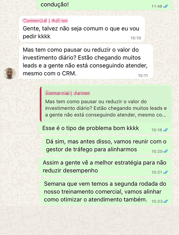 Mensagem de cliente sobre agenda de reuniões